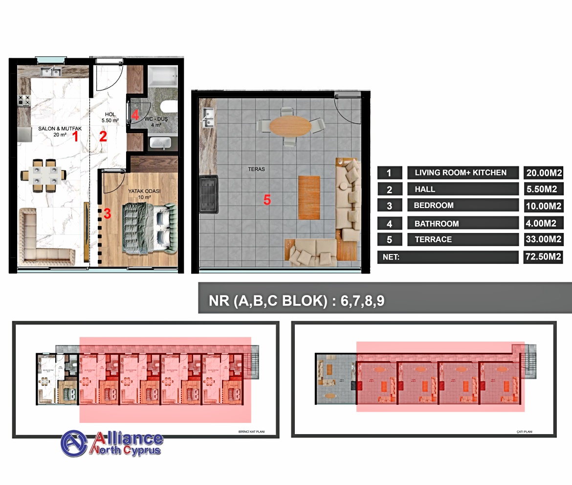 1 и 2 спальные квартиры в небольшом комплексе в Эсентепе