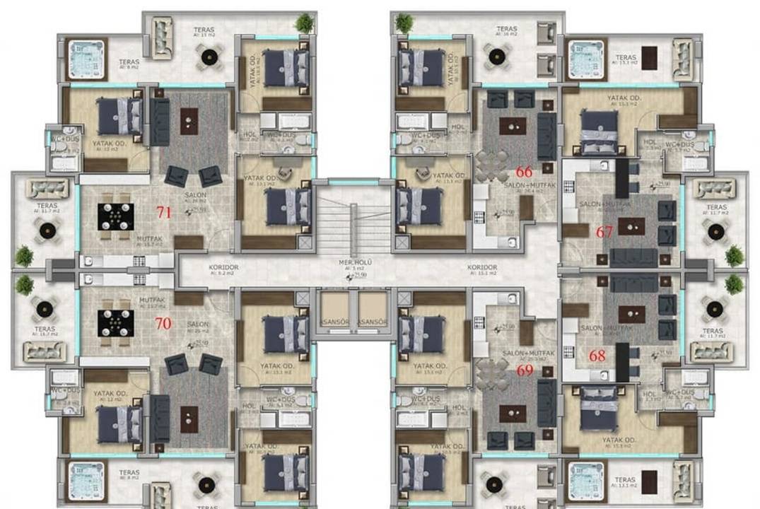 Квартира 1+1 на 9 этаже,  с террасами, потрясающие виды!