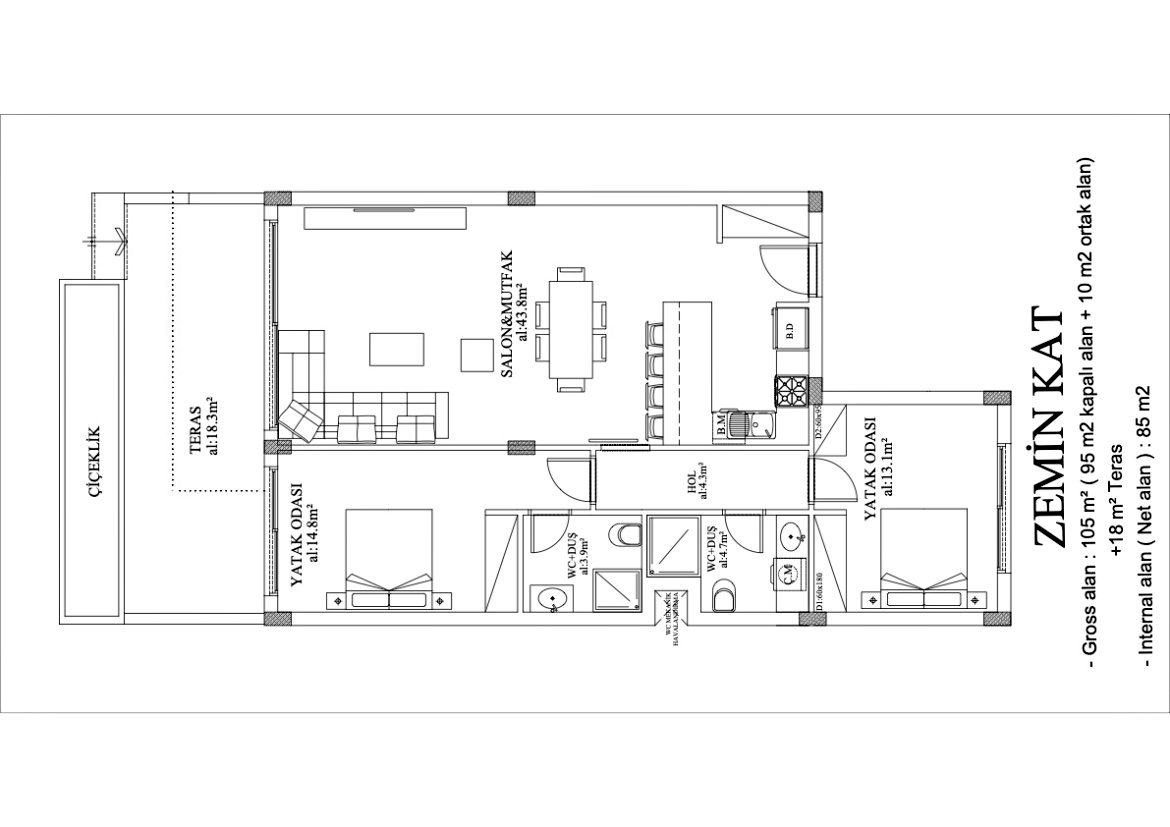 Трехкомнатные квартиры разной планировки в современном комплексе Ени- Богазычи